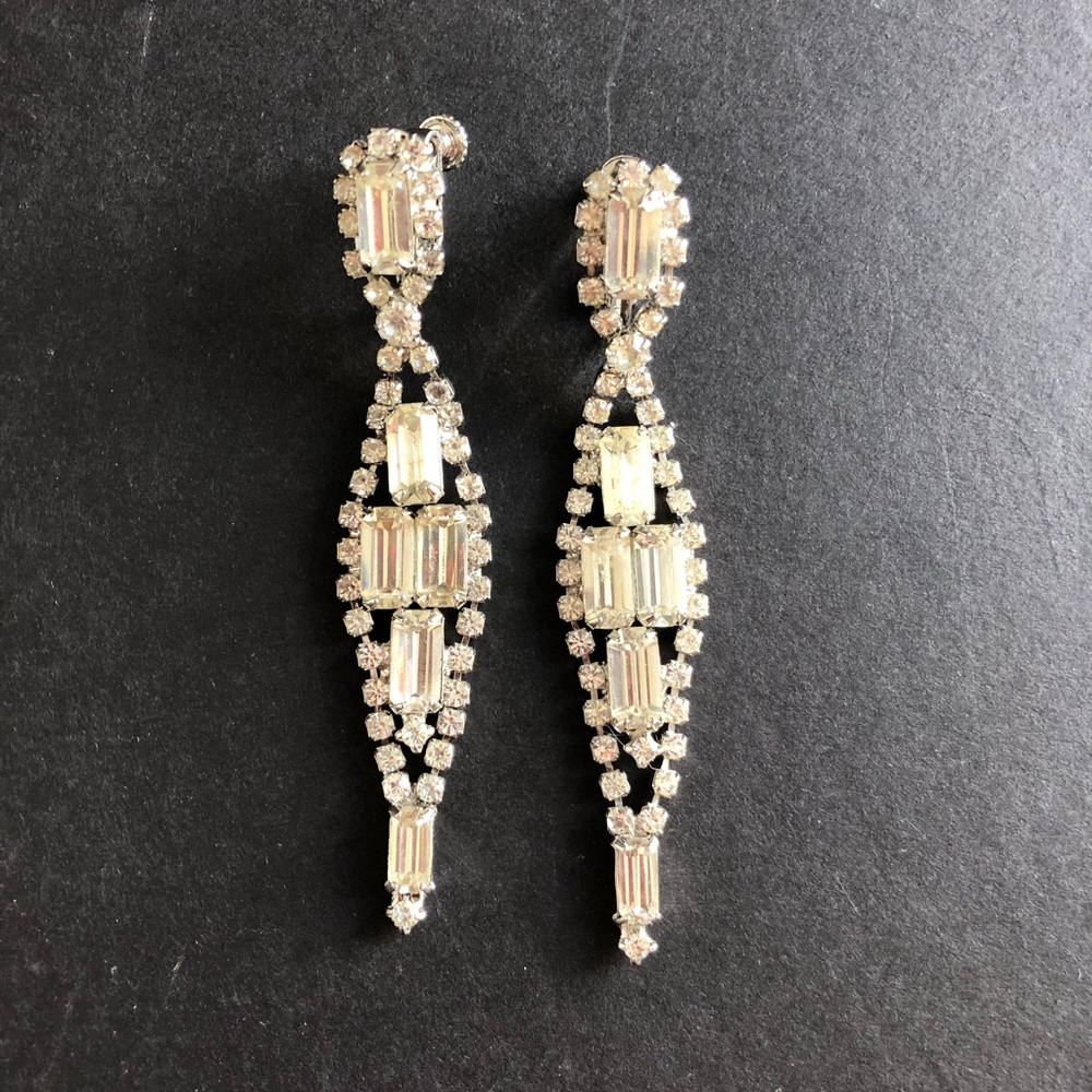 Vintage 1960s Rhinestone Earrings 3" Dangle Drop Mixed Cut Glass Silver Tone